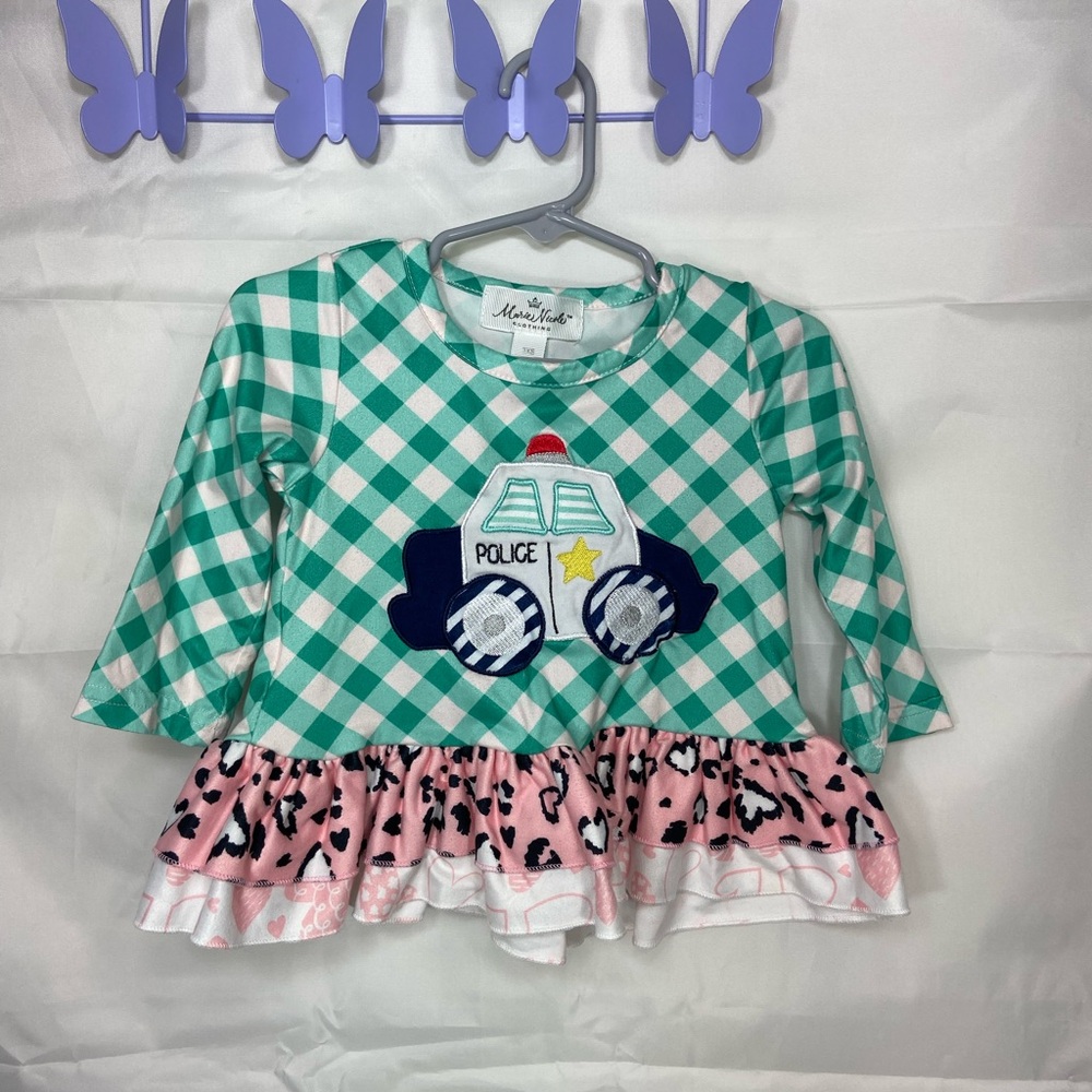 EUC Marie Nicole Clothing baby girl’s green plaid patch ruffle long sleeve shirt